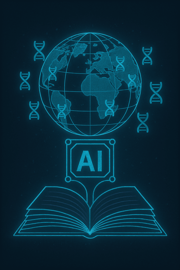 Digital illustration of AI integrating global DNA data, represented by an open book, the word AI, and a globe surrounded by DNA strands.